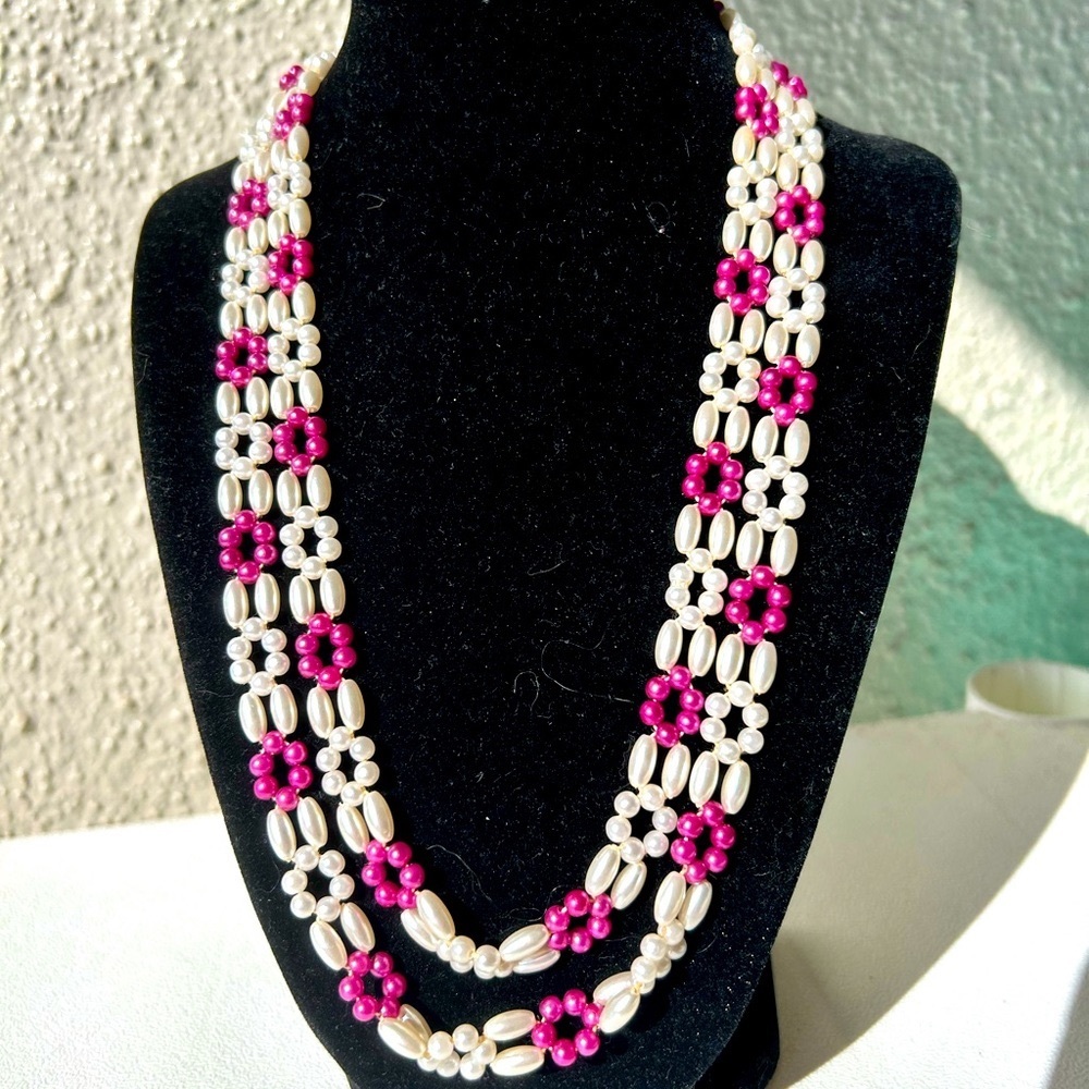 Necklace/Lei with Pearl look and Purple Beads. 21 inches long.